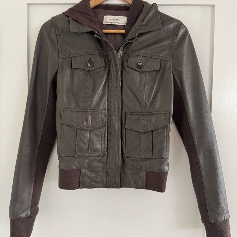 Caslon Green Brown Leather Hooded Bomber Jacket